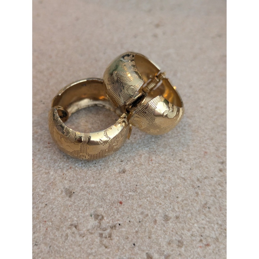 Vintage Hoop Clip On Earrings In Gold Tone Textured Hinged Runway Couture Glam